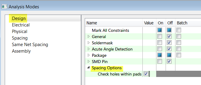 Analysis Modes Design Spacing dialog