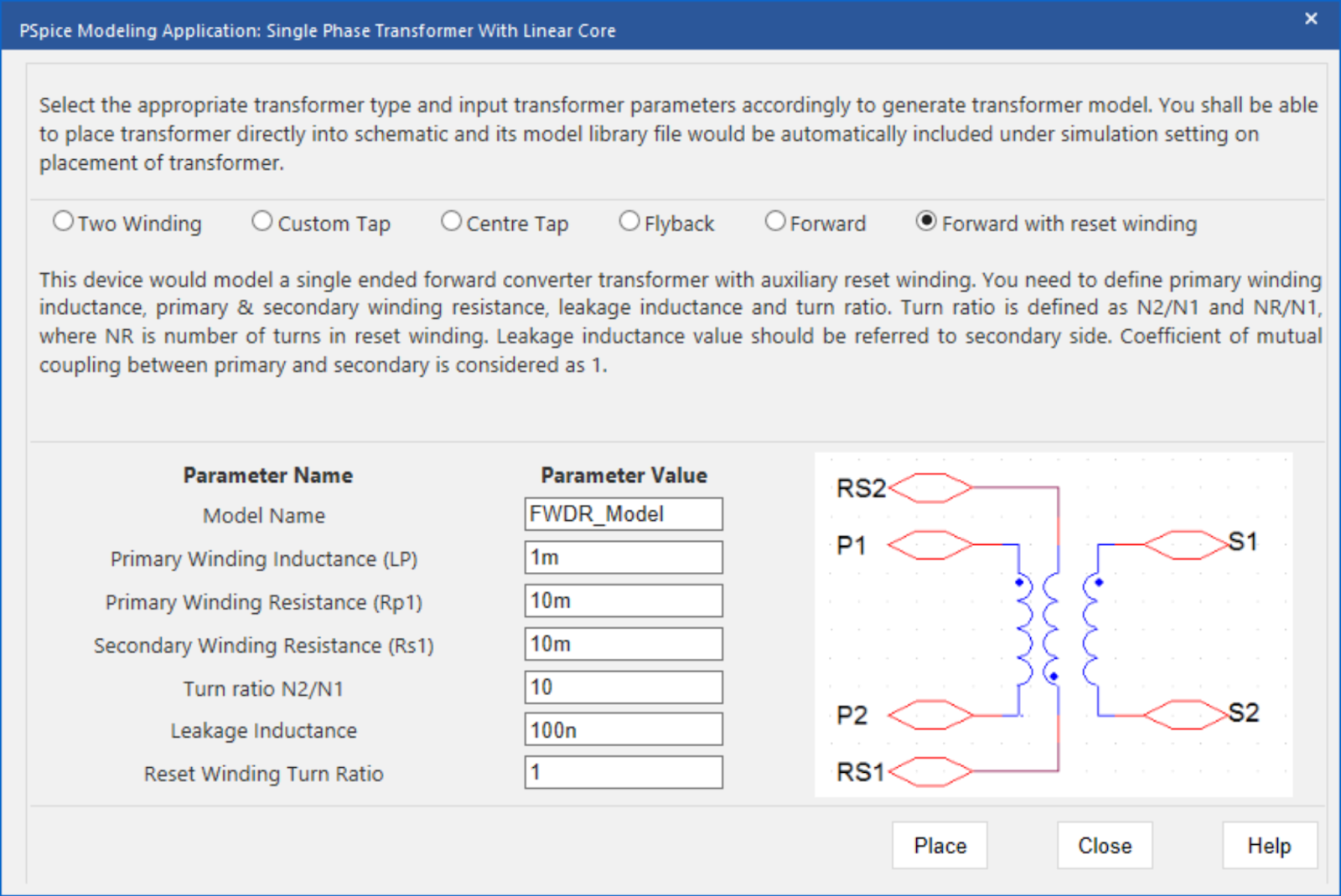 Create a transformer spice model in PSpice with the PSpice modeling application