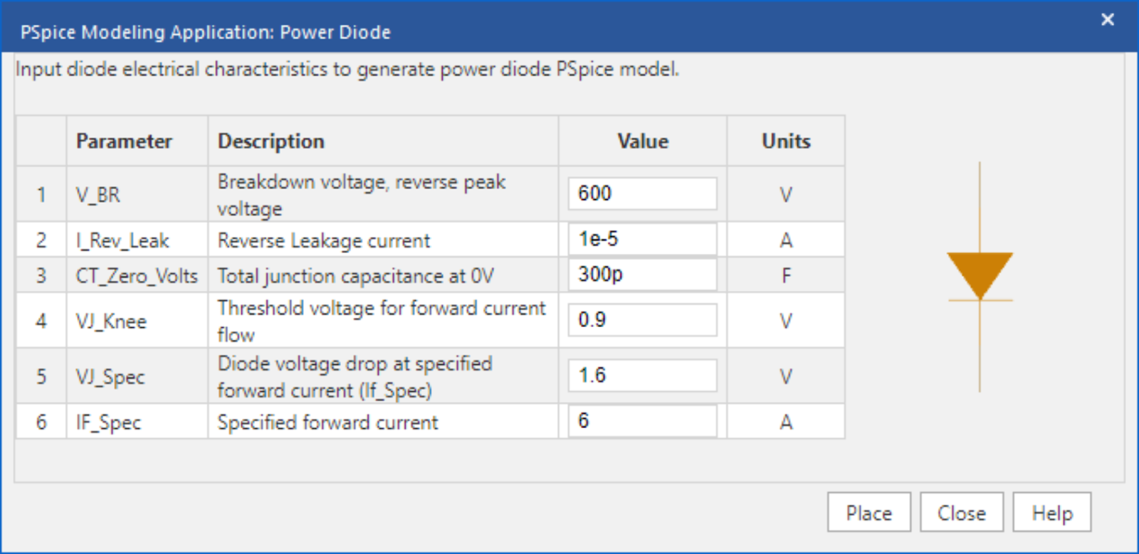 Create a power diode SPICE model with the PSpice Modeling Application