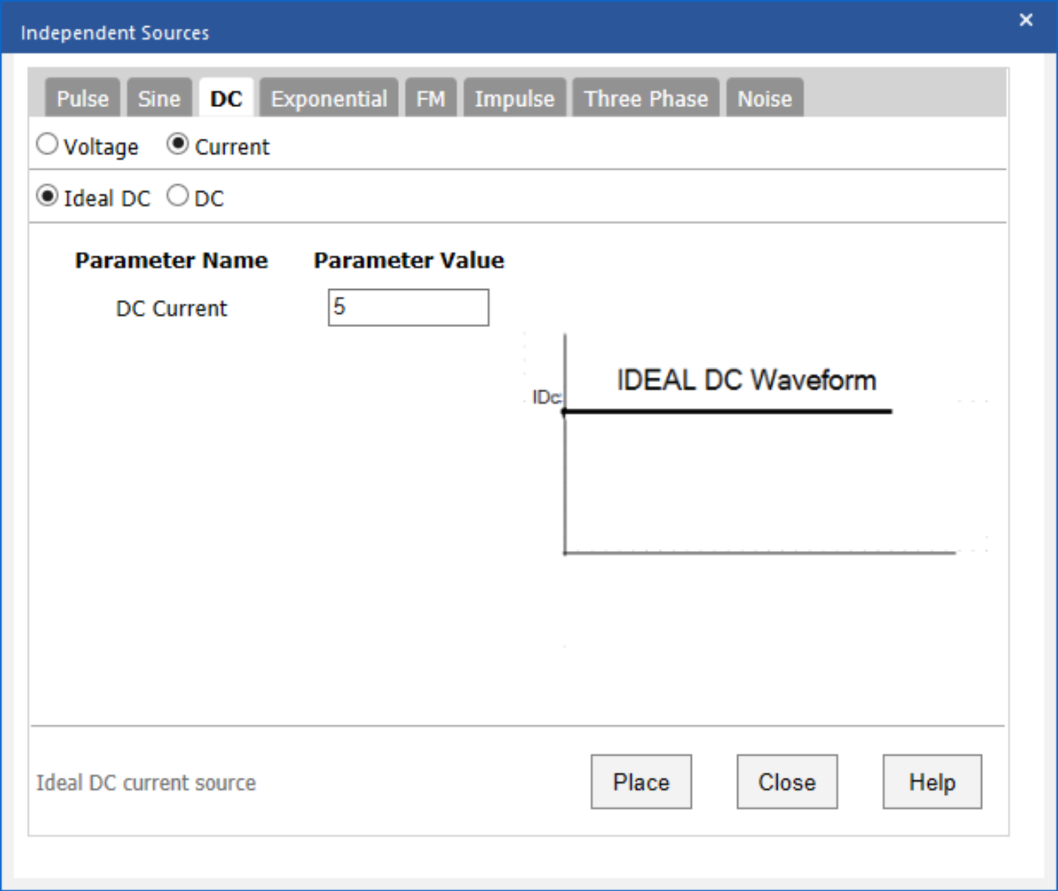 create a dc source spice model with the PSpice modeling application