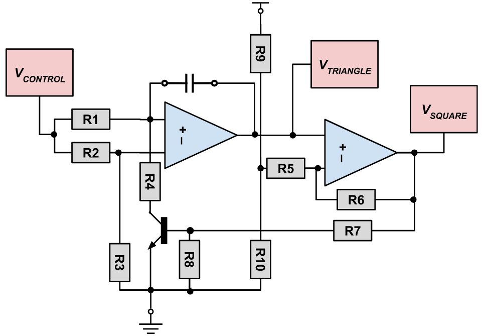 Voltage controlled oscillator design with triangle-wave output made from charging cap and op-amps 