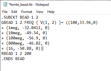 Define code based on datasheet parameters to create a ferrite bead SPICE model