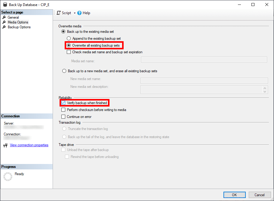 Back up a database to preserve component data when migrating and updating your CIP database.