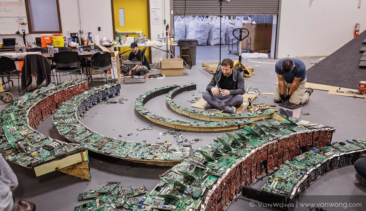 The circuit board arches were created with a specific pattern of green boards on the outside, and red on the inside.