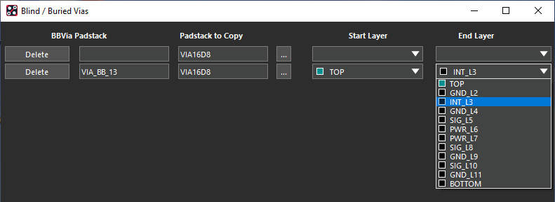 Creating blind and buried vias in OrCAD X PCB Designer