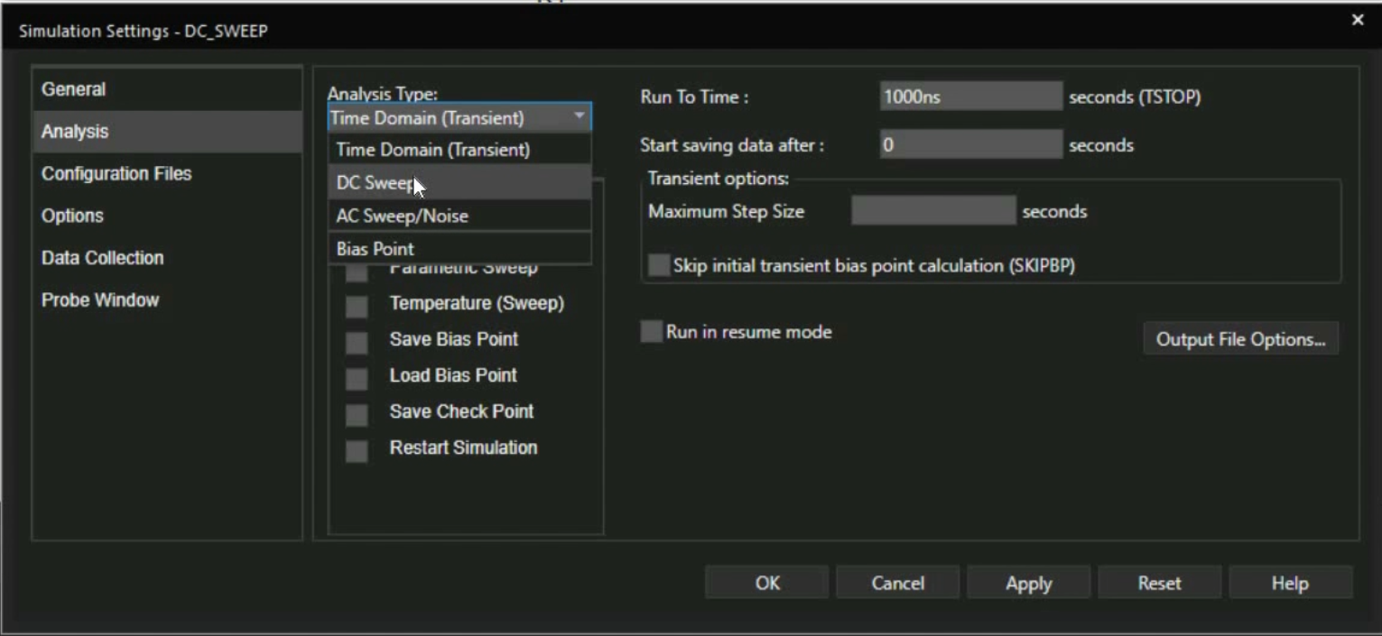PSpice Simulation Source Selection Menu