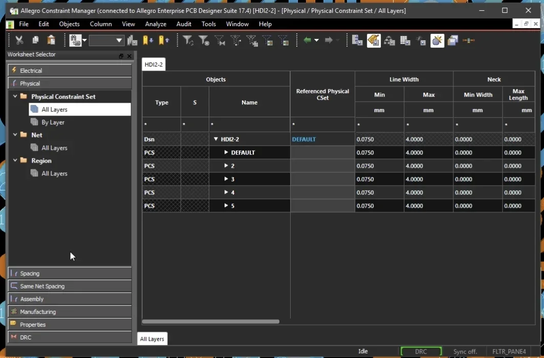 Allegro Constraint Manager Physical Constraint Set window
